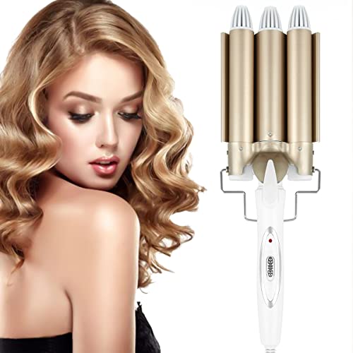 Hair Curling Iron, 3 Barrel Curling Iron Wand,Ceramic Tourmaline Triple Barrels, Dual Voltage Hair Crimper Temperature Adjustable 25mm Hair Crimper,Hair Waving Styling Tools for Women & Girls (Gold)