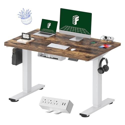 Image of FLEXISPOT EN2 Whole-Piece Standing Desk with Clamp Power Strip, 48 x 30 Electric Stand Up Height Adjustable Desk with Cable Management (White Frame + 48 inch Rustic Brown Desktop, 2 Packages)