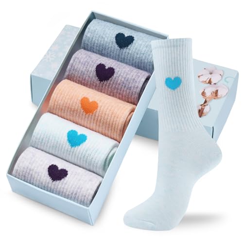 Image of Corlap Women's Cotton Crew Calf Socks - 5 Pairs Ankle High Dress Casual Socks, Fun Cute Heart Gifts for Mom Mother