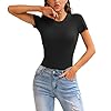 LAOLASI Women's Crew Neck Neck short sleeves Slim Fit Casual Basic Bodysuit Daily Jumpsuit T Shirts, Black, Medium