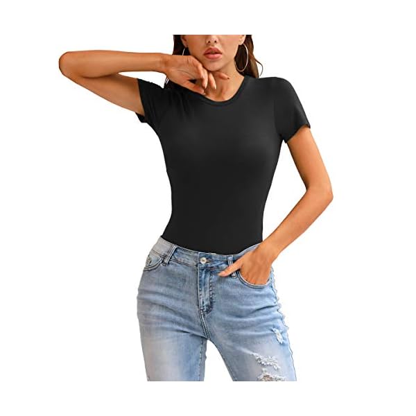 LAOLASI Women's Crew Neck Neck short sleeves Slim Fit Casual Basic Bodysuit Daily Jumpsuit T Shirts, Black, Medium