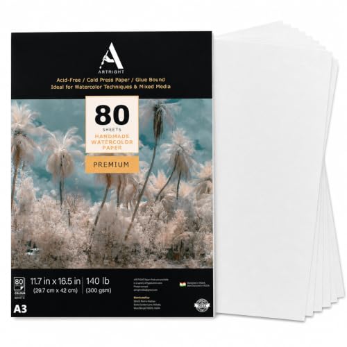 Image of ArtRight Artists' Watercolor Paper A3 300 GSM - 80 Sheets of Handmade Rough Grain Water Colour Papers for Watercolour, Acrylic, Gouache, Ink & Mixed Media