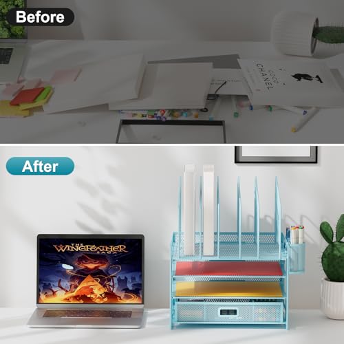 Image of Marbrasse Desk Organizers, 4-Tier Mesh Desk File Organizer with 5 Vertical File Holders and 2 Pen Holders, Multifunction Desktop Organizer,Desk Organizers and Accessories for Home Office (Blue)
