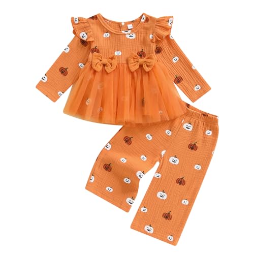 VISGOGO Toddler Girl Halloween Smocked Outfits Pumpkin Print Long Sleeve Tops +Pants Thanksgiving Clothes 2 Pcs Set