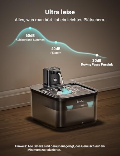 DownyPaws 2.5L Trinkbrunnen für Katze Kabellos, Katzenbrunnen Kabellos mit Bewegungsmelder und Batteriebetrieben, 4000mAh, Leise Wasserpumpe, Tablett aus Edelstahl für Katze, Schwarz mit 6 Filters