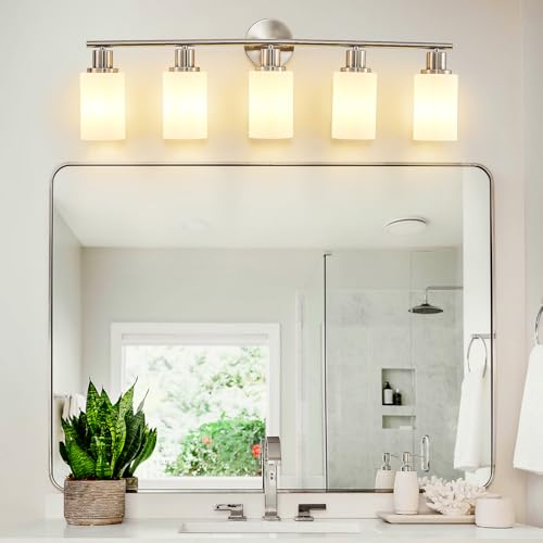 Image of DLLT 5-Light Bathroom Light Fixtures: Nickel Modern Vanity Lights with E26 Bulbs - Milky White Glass Shade Bathroom Wall Lamp for Mirror Kitchen Living Room Hallway Cabinet Porch