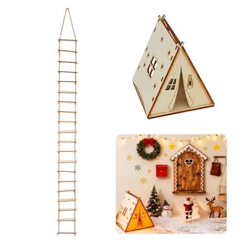 Wichtel Zubehör Weihnachten Miniatur Weihnachtswichtel Zubehör Set mit Wichteltür Mini Strickleiter 100×8cm Wichtelhaus Holz Zelt für Wichtelzubehör DIY Wichtel Leiter Hängend Lang
