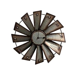 Metal Windmill Wall Clock with Distressed Finish and Roman Numerals
