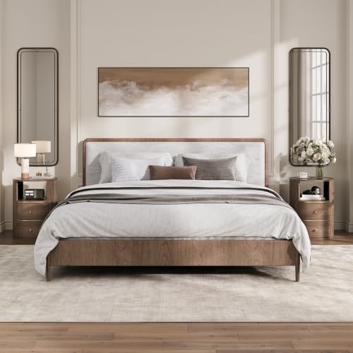 Image of JOINICE Walnut Round Nightstand with Storage, Open Shelf and 2 Drawers