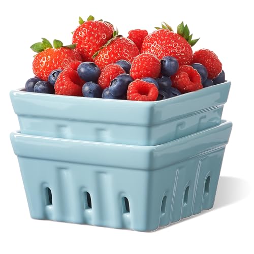ONEMORE Berry Basket Ceramic Berry Bowls with Holes Square Fruit