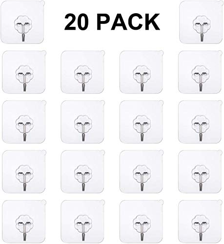 Transparent Adhesive Hooks 15 kg(Max),Free Sticky Hangers with Stainless Hooks Reusable Utility Towel Bath Ceiling Hooks (20Pack -Adhesive Hooks)
