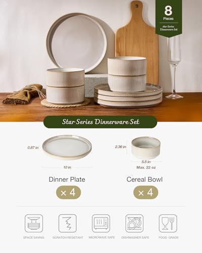 Image of Famiware Star 8-Piece Stoneware Dinnerware Set for 4 - 10.5 inch Flat Dinner Plates & 23 oz Deep Cereal Bowls, Everyday & Formal Use, Chip & Scratch Resistant, Microwave /Dishwasher Safe, Cappuccino White