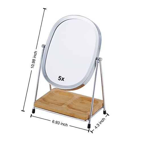 Joyoeikon Classic Dual Sided 5X And 1X Magnifying Makeup Mirror And Tabletop Standing 360° Rotation Vanity Mirror,Desktop Cosmetic Mirror (Chrome With Bamboo Tray) #TOP1