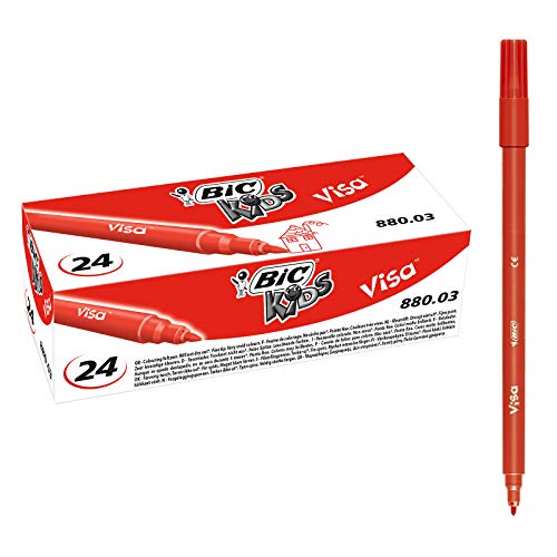 BIC Kids Visa Feutres de Coloriage à Pointe Fine, Lavables, Encre à base d'eau - Rouge, Boîte de 24