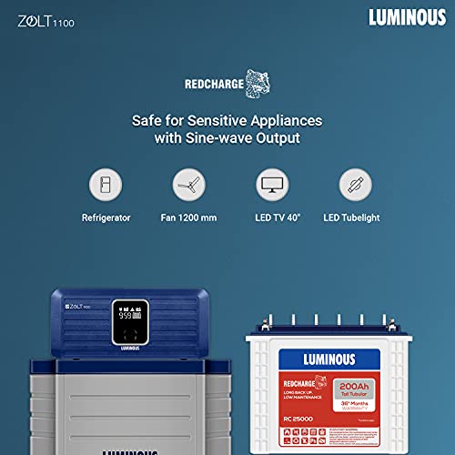 Luminous Inverter & Battery Combo for Home,Office & Shops Zolt 1100 Pure Sine Wave 900VA/12V Inverter with RC 25000 Tall Tubular 200Ah Battery &... - Image 4
