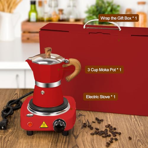 Image of 2-in-1 Moka Pot Espresso Set with Electric Stove 3 Cup Aluminum Stovetop Coffee Maker Percolator Italian Classic Mocha Coffee Machine for Italian and Cuban Cafe Brewing Portable Camping Red