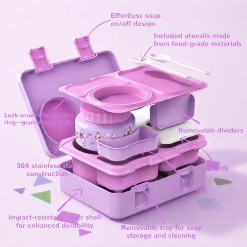 Image of Bento Box for Kids, Leakproof Kids Lunch Box with 8.5OZ Thermo Food Jar & Lunch Bag, 3-4 Compartments Toddler Insulated Lunch Box for Girls, BPA Free Lunch Containers for School Daycare