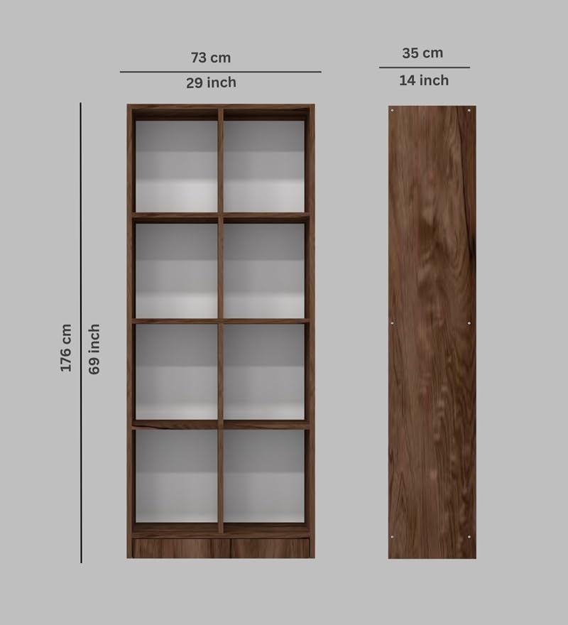 Image of SPECIALITY PANELS Wooden Bookshelf with 8 Open Shelves, Brown, 176x73x35 cm, Carpenter Assembly Provided