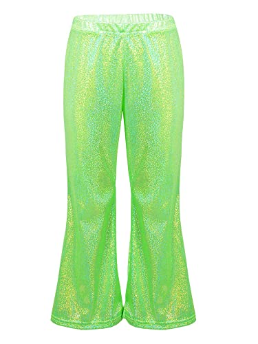 TTAO Pantalones de baile brillantes para niñas, pantalones de danza de jazz metálicos, hip hop, pantalones cargo latinos de cintura alta, pantalones de calle para 1-13 años, verde fluorescente,