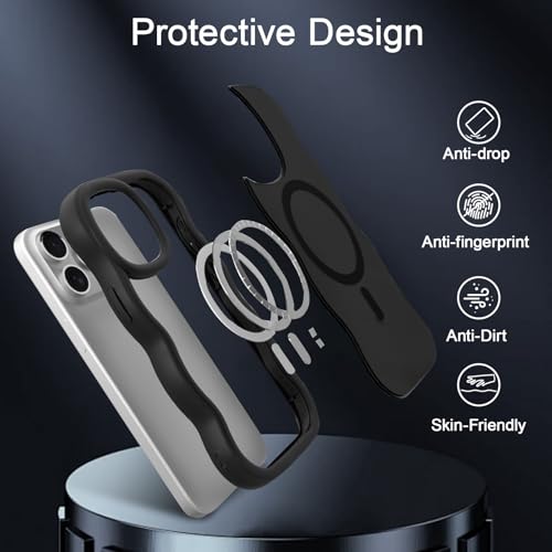 UEEBAI Magnetic for iPhone 16 Case, Cute Cover Compatible with MagSafe, 2025 Transparent Clear Wave Design Wavy Frame Matte Phone Case, Black - Image 4