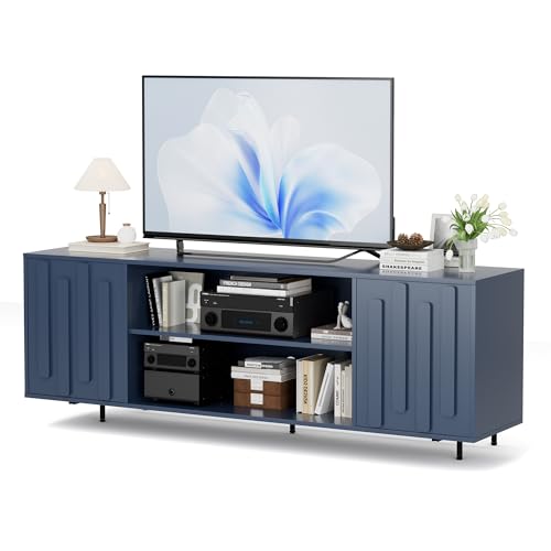 For For Living Room, Mid-century Modern Tv Stands For 65" 60" 55" Tvs, Fluted Entertainment Center With Storage Cabinet & Open Shelf, Wood Tv Media Console Table, Blue