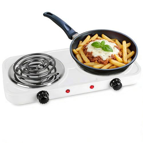 Image of Portable Double Burner Electric Coil Heating Hot Plate Stove Countertop | RV Hotplate Temperature Controls Easy to Clean 2000W White