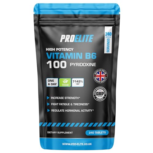 Vitamin B6 100mg - 240 Vegan Tablets 7000% Nrv Dose High Strength | B6 Vitamins Contributes to Healthy Metabolism, Reduction of Tiredness, Normal Immune & Nervous System Function by PROELITE