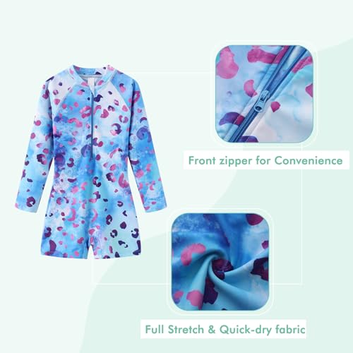 Image of Girls One Piece Swimsuits for Girls Long Sleeve Bathing Suit Sun Protection Rash Guard with Front Zipper 3-16 Years