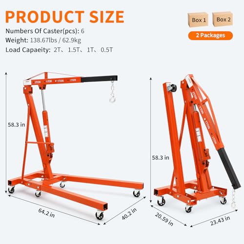 Image of GarveeTech 2-Ton Folding Engine Hoist Cherry Picker 4400 Lb Capacity Hydraulic Shop Crane with Telescoping Boom 6 Caster Wheels for Automotive Repair Garage Use Includes Hitch and Storage Stand Red