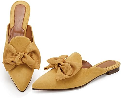 Rilista Flat Mules for Women Closed Pointed Toe Backless Mule Sandals Comfortable Slides Mules Shoes Ladies Slip-on Loafers Yellow