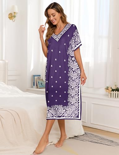 Image of Bloggerlove Women's Caftan Nightgown with Pockets, Long House Dress | Half Sleeve, Kaftan, Mumu Dress, Sleepwear, V-Neck, Full Length, Lounge Dress, 2 Side Pockets