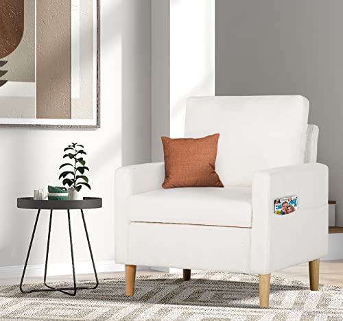 TYBOATLE Upholstered Modern Mid-Century Accent Living Room Arm Chair, Furry Cozy Teddy Fabric Chairs w/Armrest Pocket, Club Reading Lounging Side Chairs for Office, Apartment, Bedroom (Cream White)