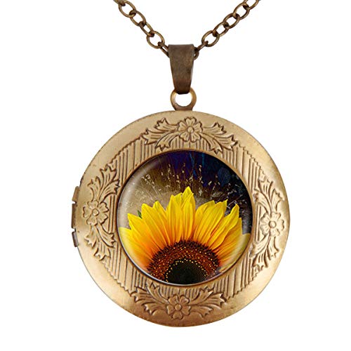Women's Custom Locket Closure Pendant Necklace Sunflower Flower Included Free Chain, Best Gift Set