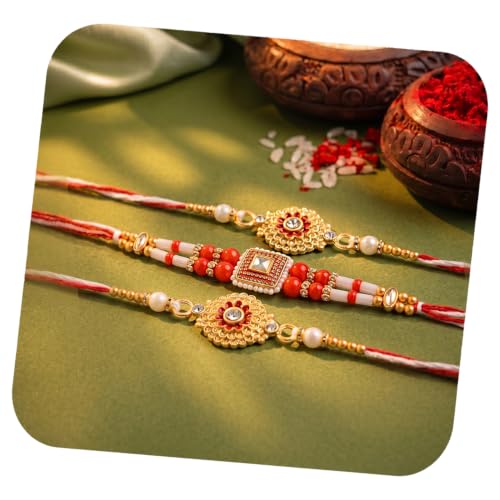 Image of Peora Rakhshabandhan Thread Rakhi for Brother Bhaiya | Crystals & Kundan Studded | Combo, Set of 3 | Rakhi Hamper with Roli Chawal & Greeting Card