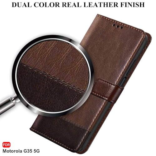 Image of TheGiftKart Flip Back Cover Case for Motorola Moto G35 5G | Dual-Color Leather Finish | Inbuilt Stand & Pockets | Wallet Style Flip Back Case for Moto G35 5G (Faux Leather, Brown & Coffee)