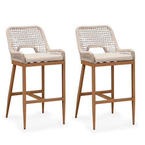 Image of PURPLE LEAF Bar Stools Set of 2 Bar Height Metal Bar Chairs with Back Modern Tall Comfy Wicker Woven Boho Garden Pool Patio Outdoor Barstools