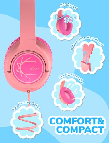 Image of iClever Kids Headphones with Cord, 85dBA Safe Volume Wired Headphones for Kids, Stereo Sound Foldable Adjustable, 3.5mm Jack, Over Ear Kid Headphone for School /Boys /Girls /iPad /Tablet /Travel, Pink2