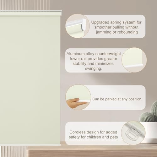 Image of Changshade Blackout Roller Shades for Indoor Windows,Cordless Roller Blinds,Free-Stop Roll Up Shades with Thermal Insulated, Uv Protection Fabric for Bedroom,Office,French Door,Beige,26 inch W72 H