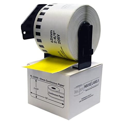 HOUSELABELS Compatible with DK-2205 Replacement Roll for Brother QL Label Printers; Yellow Continuous Length Labels; 2-4/9" x 100 feet (62mm*30.48m) with 1 Reusable Cartridge - 5 Rolls Cover