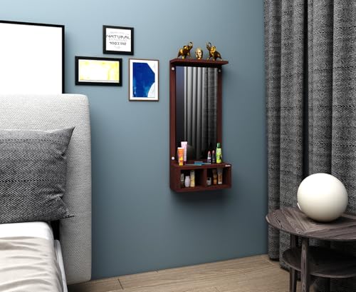 Image of Engineered Wood Wall Mounted Dressing Table with Mirror and Storage Shelves, Wenge Brown Finish, Engineered Wood, 82.5x37x14 cm I Rectangular Mirror Bedroom Living Room Stand