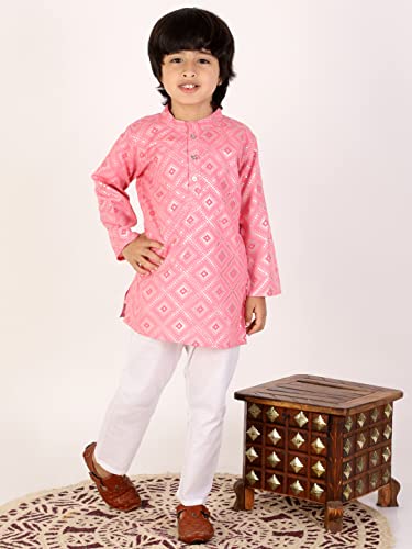 Baby Boys Silver Foil Printed Cotton Kurta, Round Collar, Full Sleeves With White Pyjama3