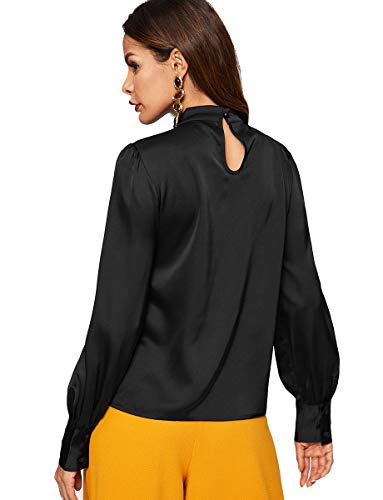 Romwe Women's Satin Bishop Sleeve Bow Tie Neck Casual Office Work Blouse Shirts Tops Black L