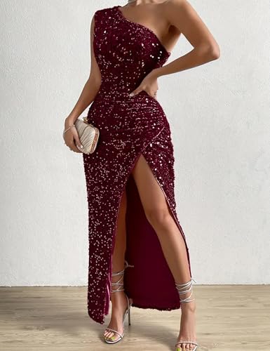 Womens Sequin One Shoulder Sleeveless Wedding Guest Dresses High Split Sparkly Glitter Gowns Bodycon Maxi Dresses2