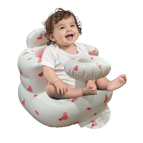Image of Inflatable Baby Seat for Babies 3-36 Months, Baby Chair with Fence & Built in Air Pump, Blow Up Floor Baby Seat with Back Support, Inflatable Baby Chair Sit Me Up for Home Pink Rabbit-Tray