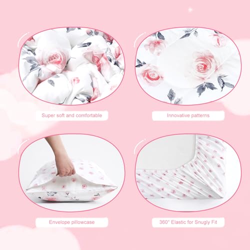 Image of david's kids 4 Piece Toddler Bedding Set - Soft Breathable Toddler Bedding Set for Girls, Includes Quilted Comforter, Flat Sheet, Fitted Sheet and Pillowcase, Pink Floral