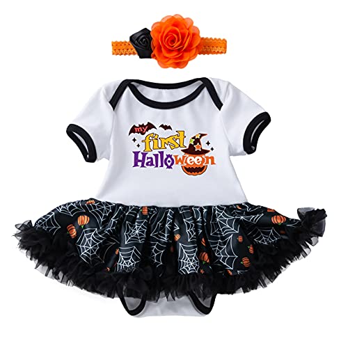 My First Halloween Newborn Baby Girls Short Sleeved Tutu Romper Dress +Headband Infant Cartoon Letter Mesh Dresses