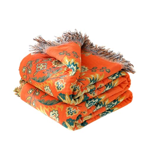 Boho Throw Blanket for Bed 100% Cotton Soft Lightweight Quilt Floral Embroidery Home Decor Breathable Bed Blankets,60"×80" Twin All Season Reversible Blankets for Sofa Couch Chair