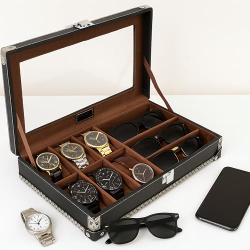 Image of BOXXO 12 Slot Watch Organizer Box for Men & Women - Premium PU Leather Watch Case (9-slots Black /Beige)