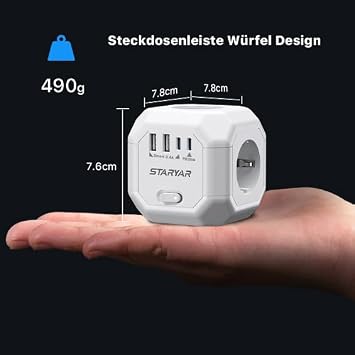 4-Way Socket Cube Flat Plug Multiple Socket Cube Power Strip Cube with USB 4000 W Multiple Plug Socket Adapter 2 m Extension Cable Power Strip Surge Protection for Office