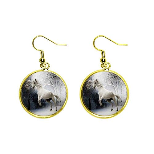 Pendientes de caballo blanco dorados con diseño de ciencia y paisaje natural